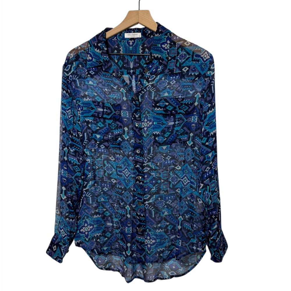 EQUIPMENT FEMME WOMEN BLUE PURPLE PATTERN LONG SLEEVE MEDIUM TOP